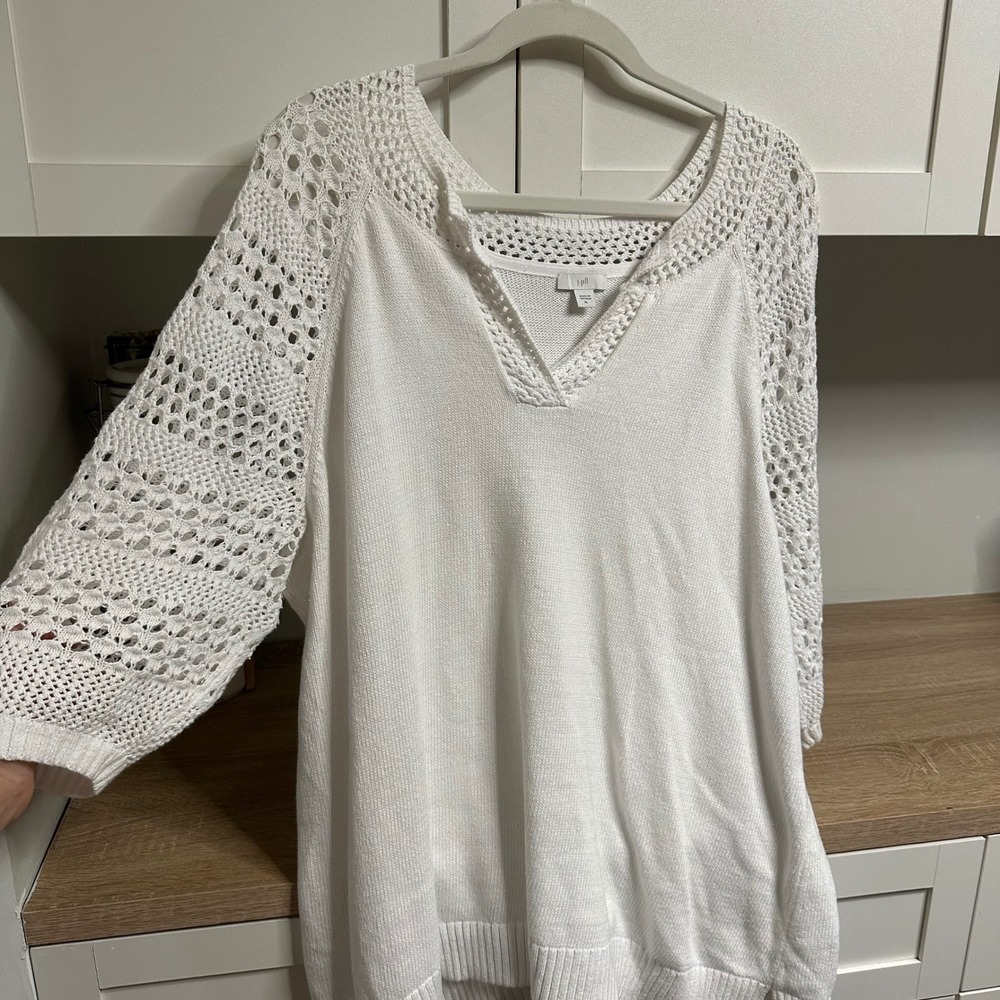 J Jill V Neck Sweater Women XL Cotton Linen Crochet Sleeve Pullover Coastal Boho